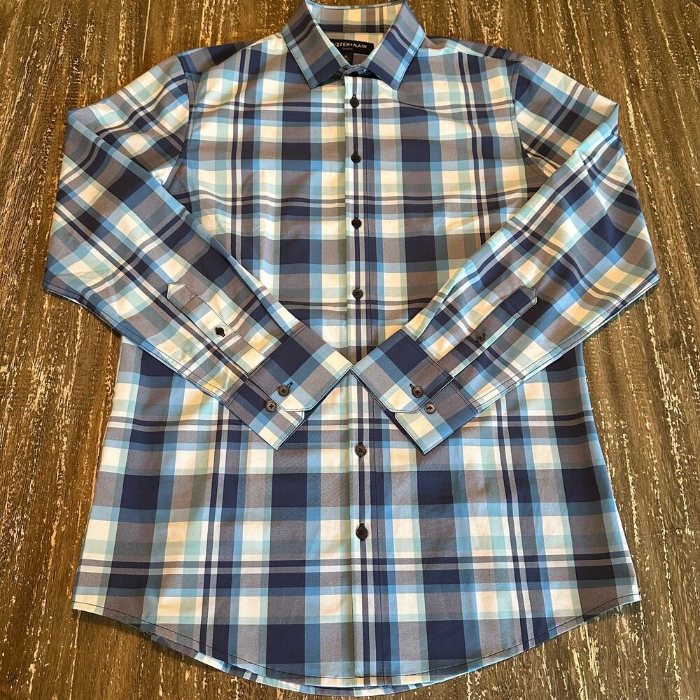 Mizzen + Main Leeward Performance Dress Shirt Plaid Blue White Mens Size M Trim